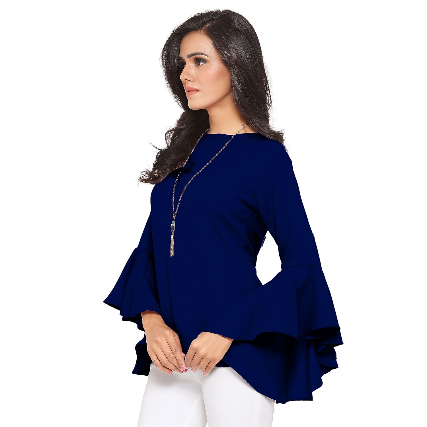 serein women's top (royal blue crepe moss top with flute sleeves)