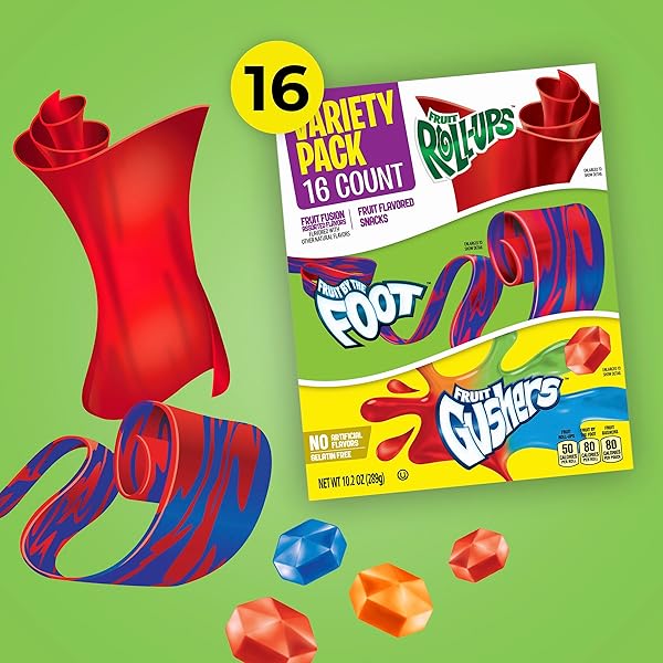 FRUIT ROLL-UPS, FRUIT BY THE FOOT, GUSHERS, EASTER BASKET STUFFERS, FRUIT FLAVORED SNACKS VARIETY PACK, GLUTEN FREE, 16 CT, 10.2 OZ