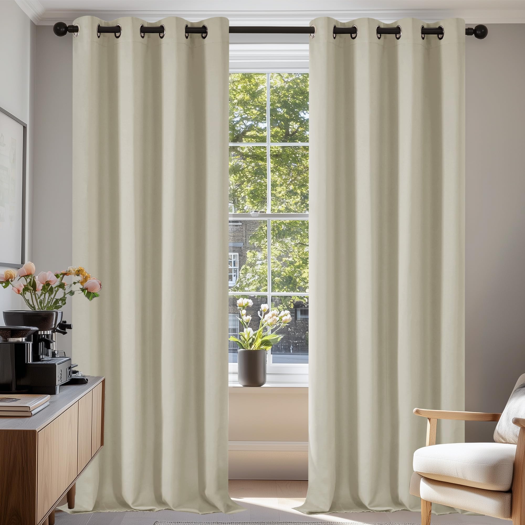 Deconovo Super Soft Solid Thermal Insulated Eyelet Room Darkening Curtains for Living Room 55x82 Inch 2 Panels Light Beige