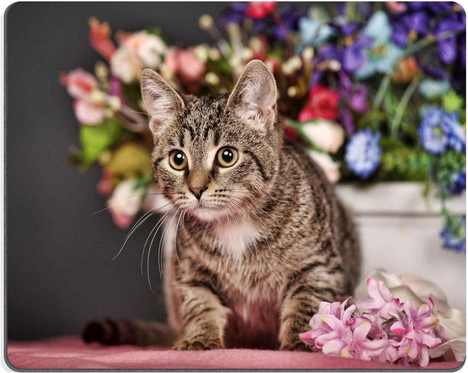 MSD Natural Rubber Gaming Mousepad IMAGE ID: 35094874 tabby cat in the studio and flowers