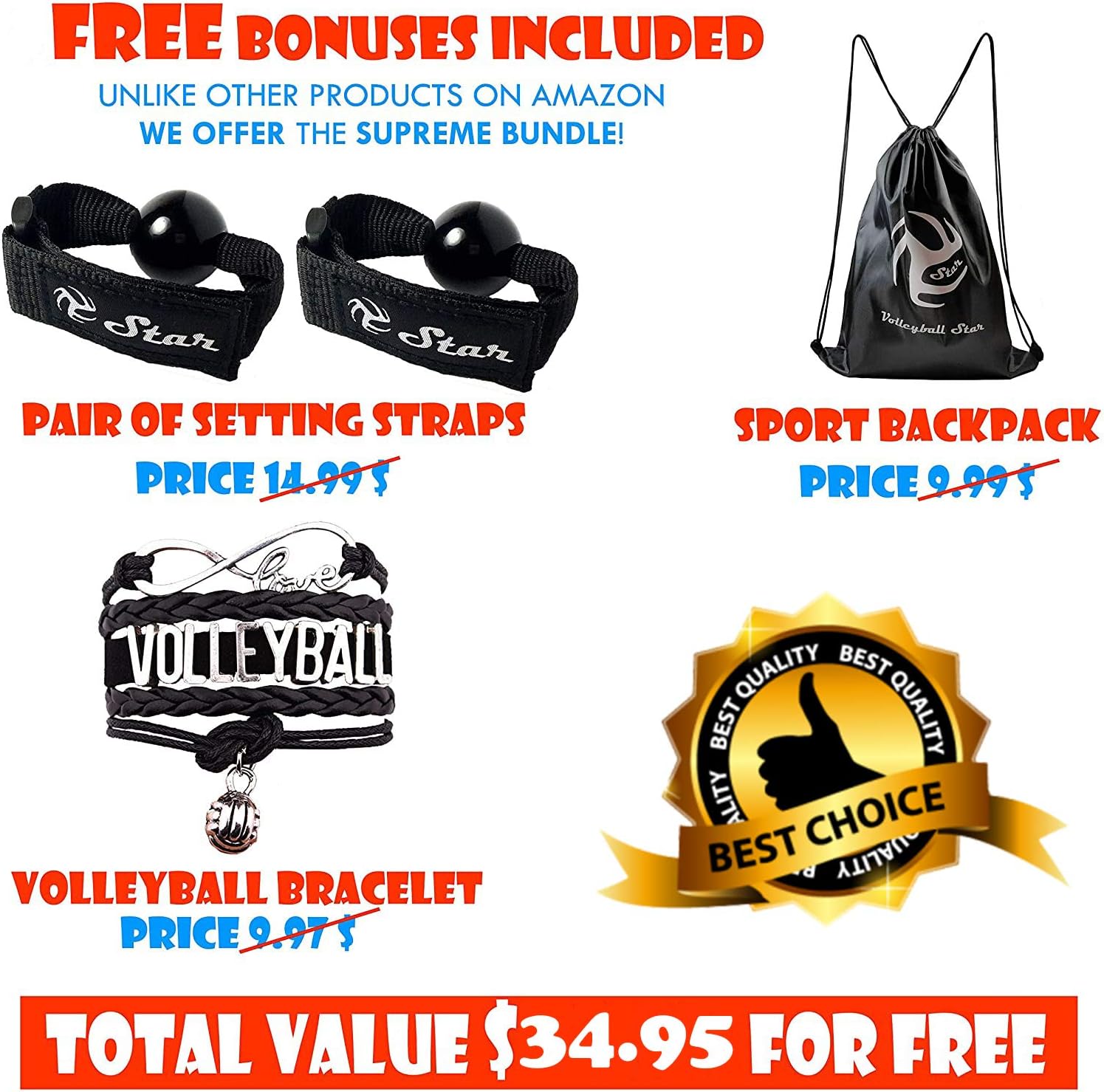 Volleyball Star Training Equipment - 1 Ball Rebounder for Solo Practice Your Serve And Spike +2 Setting Trainer Straps For a Proper Hand Placement +1 Drawstring Backpack +1 Handmade Bracelet : Sports & Outdoors
