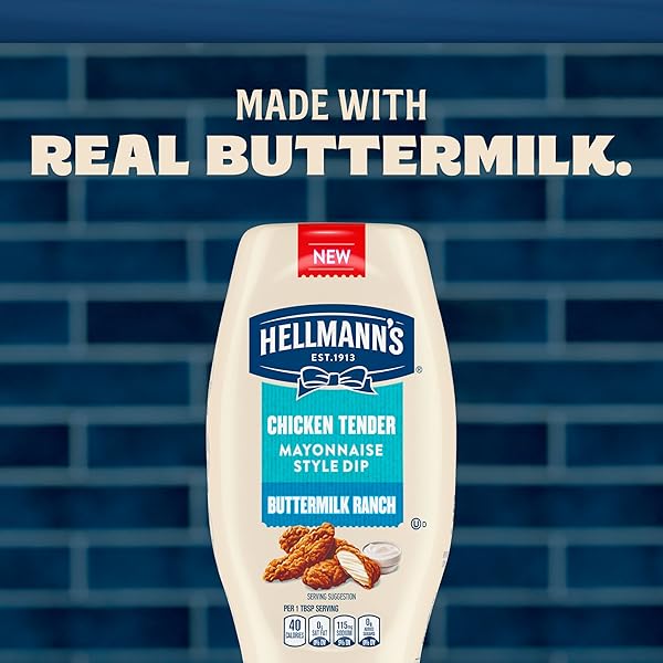 HELLMANN’S BUTTERMILK RANCH CHICKEN TENDER MAYONNAISE STYLE DIP BUTTERMILK RANCH DELICIOUS FLAVOR NO ARTIFICIAL FLAVORS 11.5 FL OZ