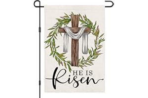 DECORHUA He Is Risen Easter Garden Flag 12x18 Inch Double Sided Burlap, Cross Wreath Sign Small Yard Outside Decoration DF443