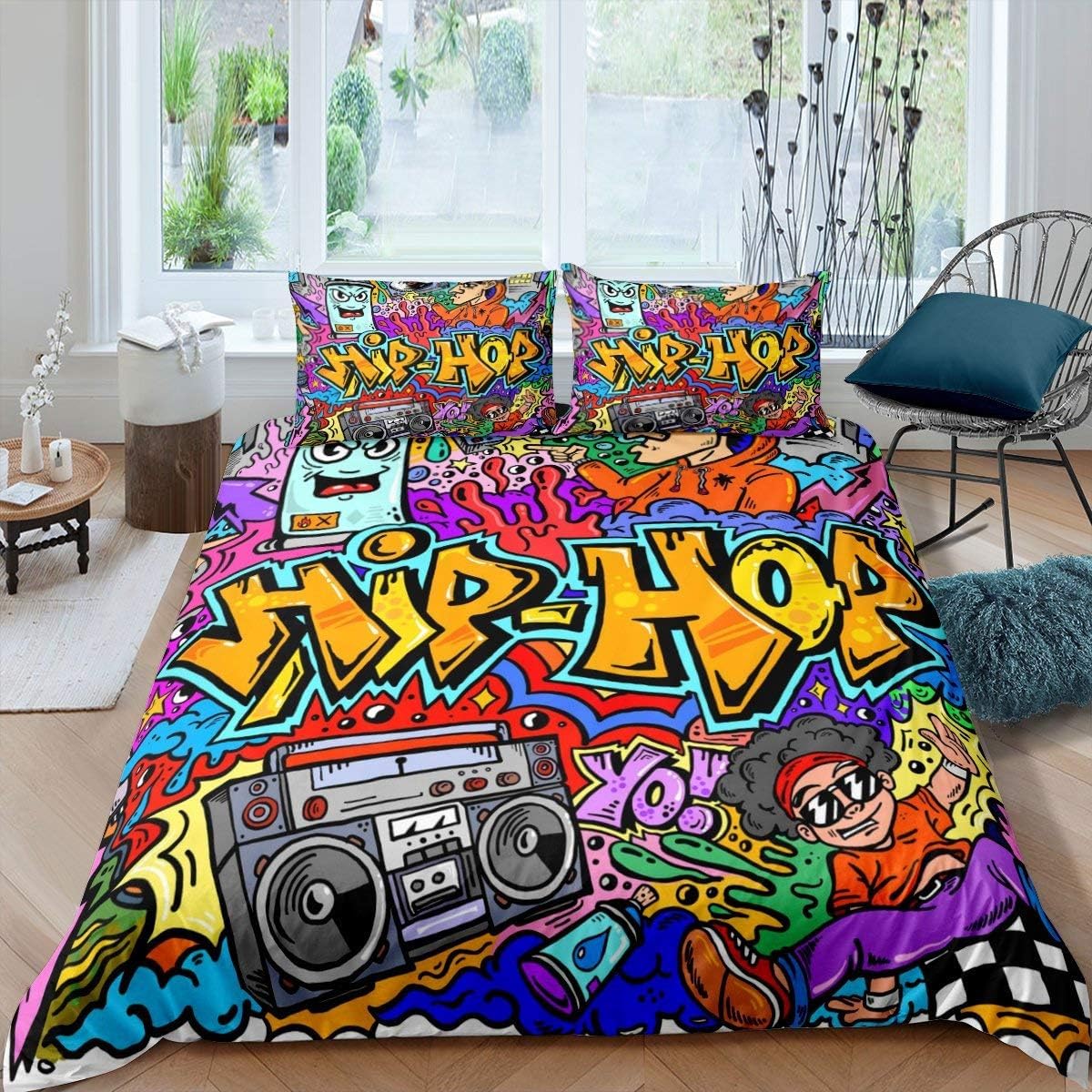 Homewish Hip Hop King Duvet Cover Set Graffiti Bedding Sets for Teenage Boys Hippie Room Decor, Abstract Hippie Urban Doodle Pattern Duvet Set 3 Pieces, Colorful Street Culture Decor — image 1