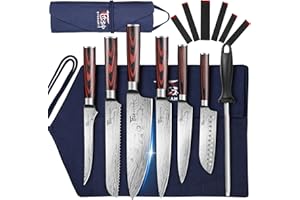 SYOKAMI Knife Set, 14 Piece Japanese Style Kitchen Knives with Roll Bag, Razor Sharp Wooden Handle Cutting Knife with 6 Blade