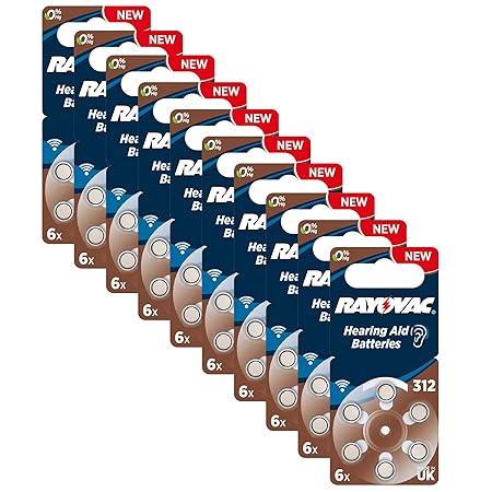 60 x Batterien Rayovac 04607, Zinc Air, Hearing Aid, 312, Hörgerätebatterien, 13, 1.4V, 10 x 6er Pack