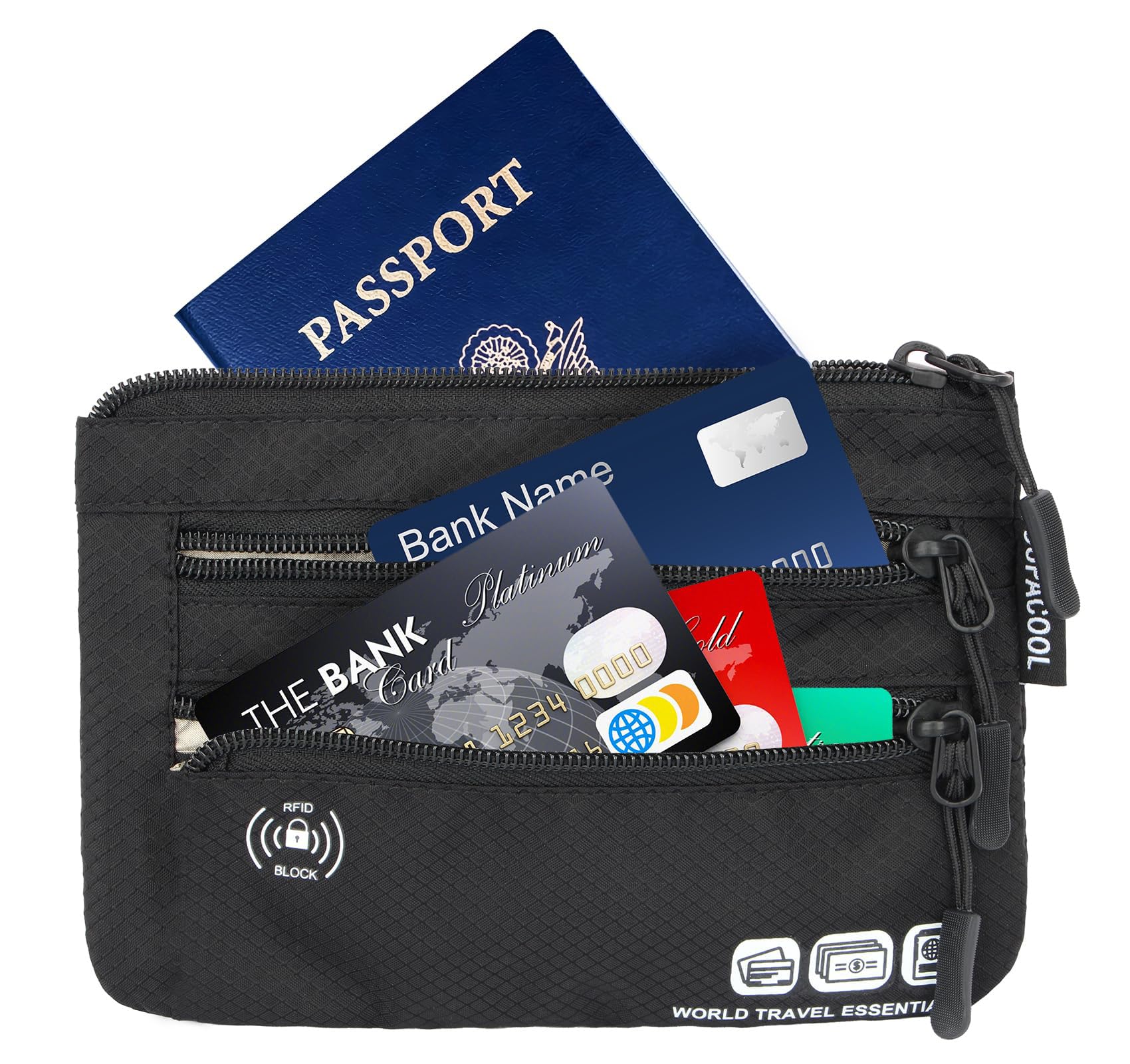 SUPACOOL Passport Holder Bag, Travel Wallet for Men Women Family, Passport Pouch, Card Holder Organizer, RFID Blocking, Two-piece Set(Black)