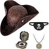 Zddaoole 4PCS Pirate Hat,Renaissance Pirate Tricorn Hat with Eye Patch & Necklaces for Male Female Halloween Cosplay