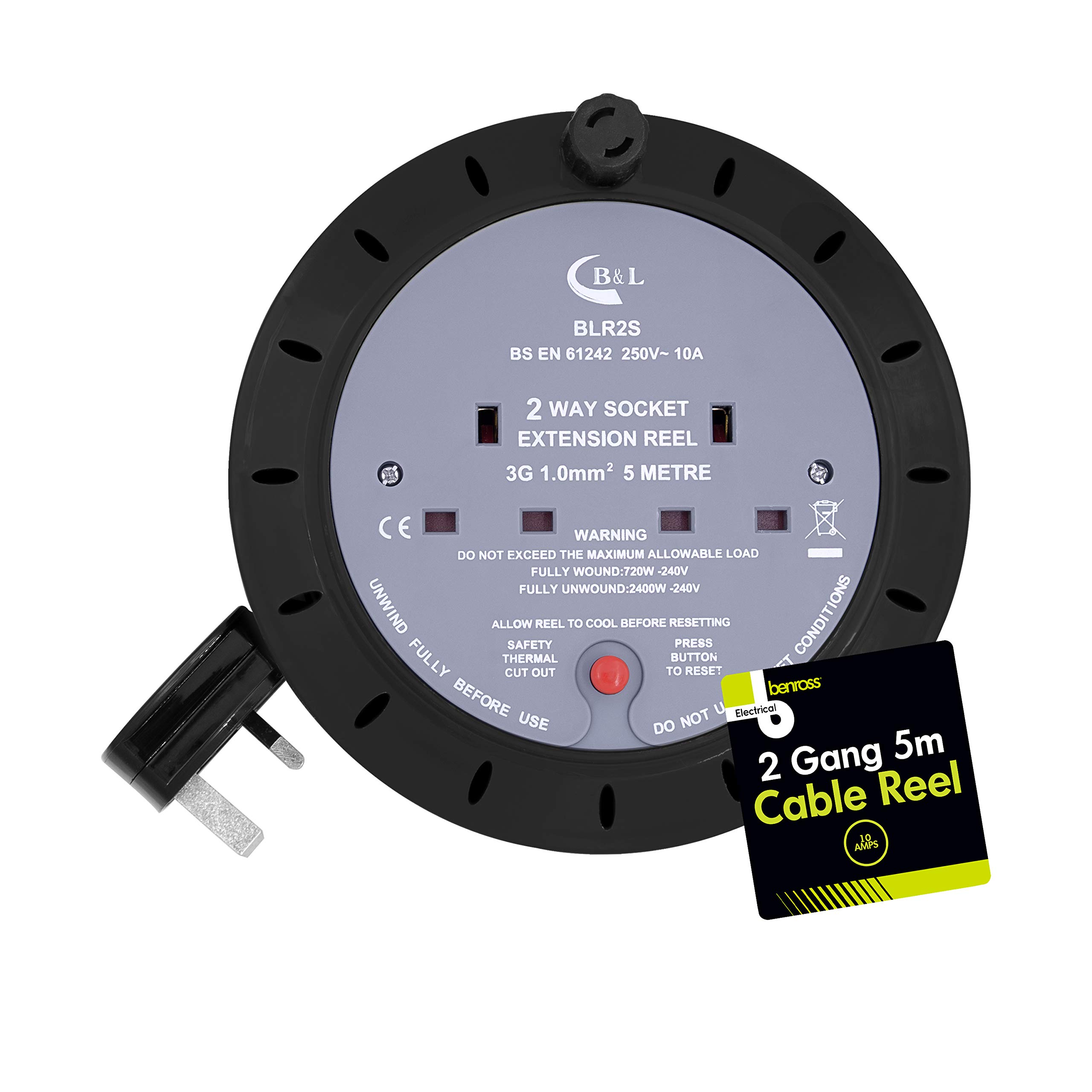 Benross 45630 5m Cable Reel Extension Lead / 2-Way Extension Cable/Ideal for Home, Office or Commercial/Safety Cut-Off Switch / 2 UK Plug Sockets / 240V AC, 10 Amps