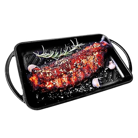 Küpfanche 33cm rechteckige Grillplatte aus Gusseisen mit mattschwarzer Emaillierung, Induktion Grillpfanne mit Zwei Griffen, 