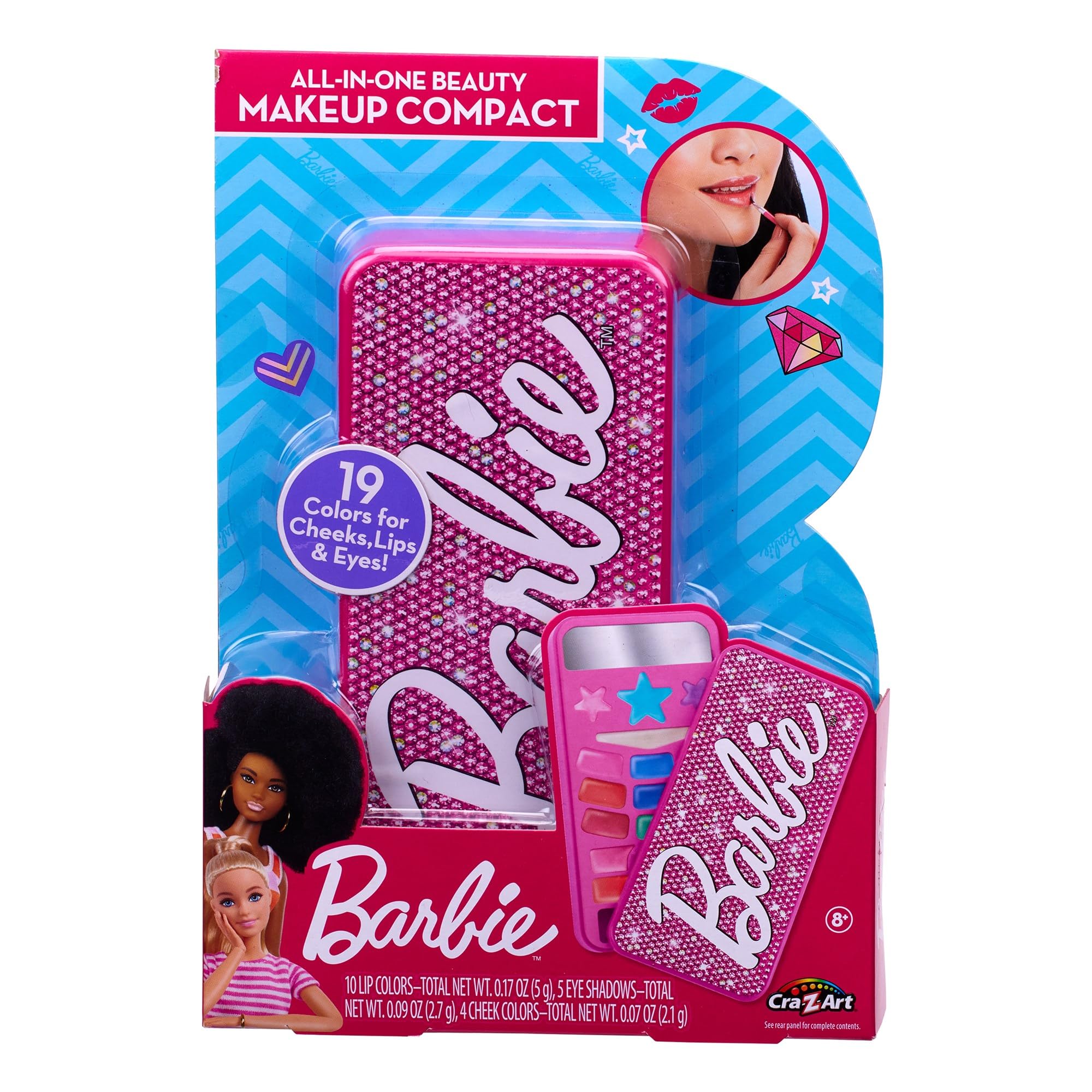 Cra-Z-Art, Barbie All in one Beauty Makeup Compact with 19 on trend colours for cheeks, lips and eyes Official Barbie merchandise