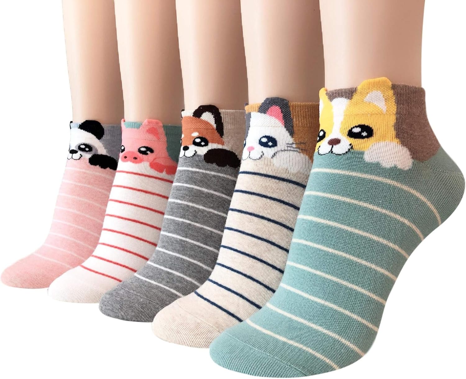 GotYourToes | Womens Teen Girls | Cute Cat Dog Panda Animal Print | Ankle Socks | Great Gifts | 5 Pairs (Bedtime Animals): Clothing