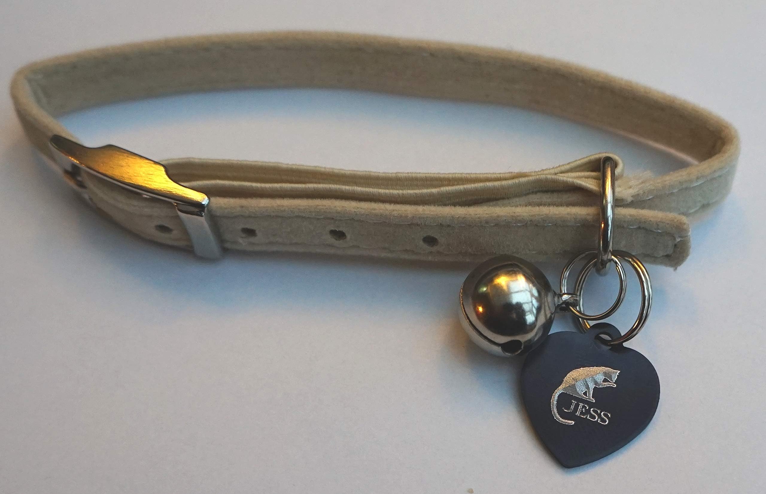Paradise Pets BEIGE VELVET ELASTICATED CAT COLLAR WITH PERSONALISED HEART TAG & 3D CAT IMAGE