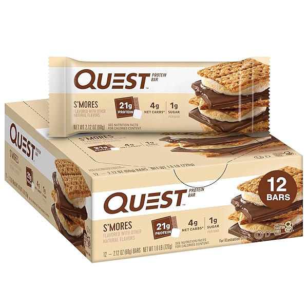 QUEST NUTRITION S’MORES PROTEIN BARS, 21G PROTEIN, 1G SUGAR, 4G NET CARB, GLUTEN FREE, KETO FRIENDLY, 12 COUNT