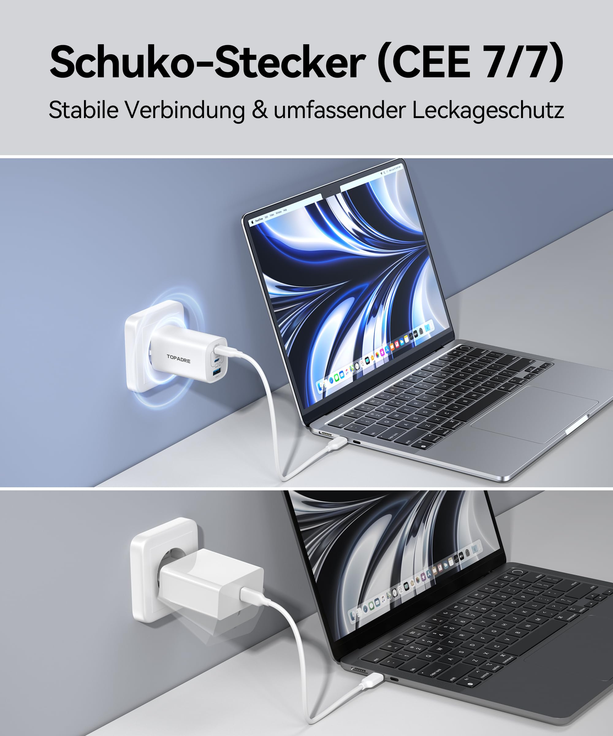 TOPADRE 65W USB C Ladegerät 3-Port Schuko Stecker CEE 7/7 für MacBook 3