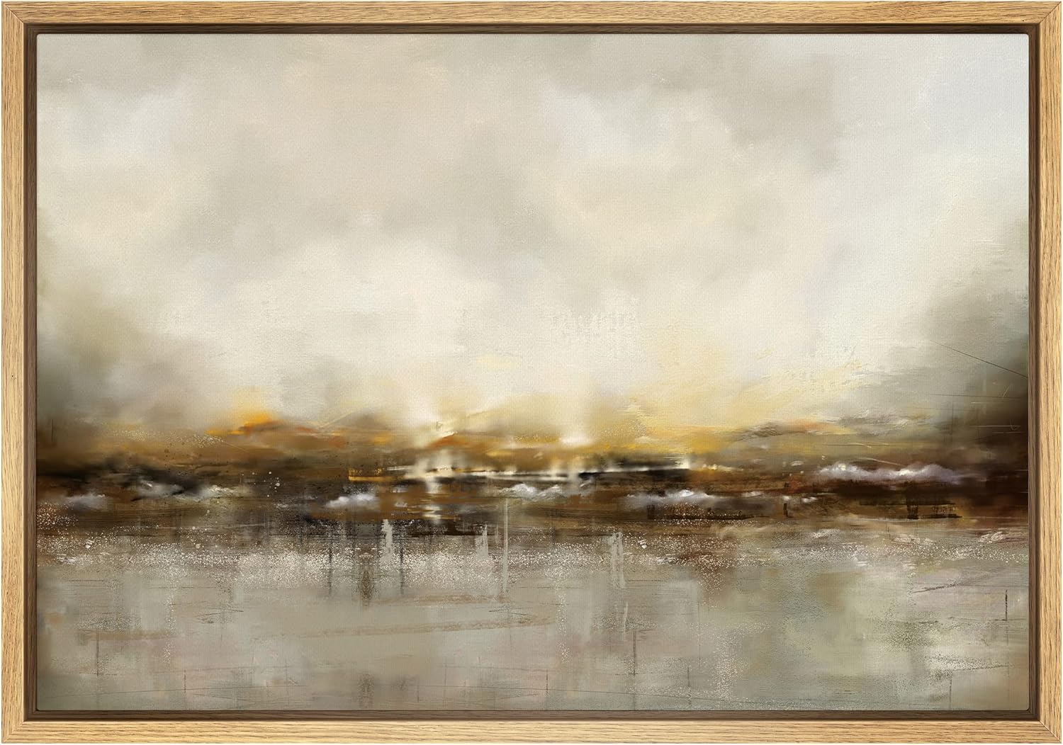 Posters & Prints - SIGNWIN Framed Canvas Wall Art Dramatic Golden Landscape by The Sea on a Cloudy Day Coastal Ocean Oil Painting Abstract Modern Closeup Relax/Calm for Living Room, Bedroom, Office - 24