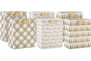 Hallmark 6" Small Holiday Gift Bag Bundle (6 Bags: Ivory and Gold Trees, Plaid, Merry Christmas)