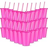 Rtteri 30 Pieces Reusable Cups with Lids and Straws 16 oz Glitter Iced Coffee Tumbler Plastic Travel Mug Cup for Smoothie Juices Valentine's Day, Birthdays, Flamingo Party Bachelor Party(Hot Pink)