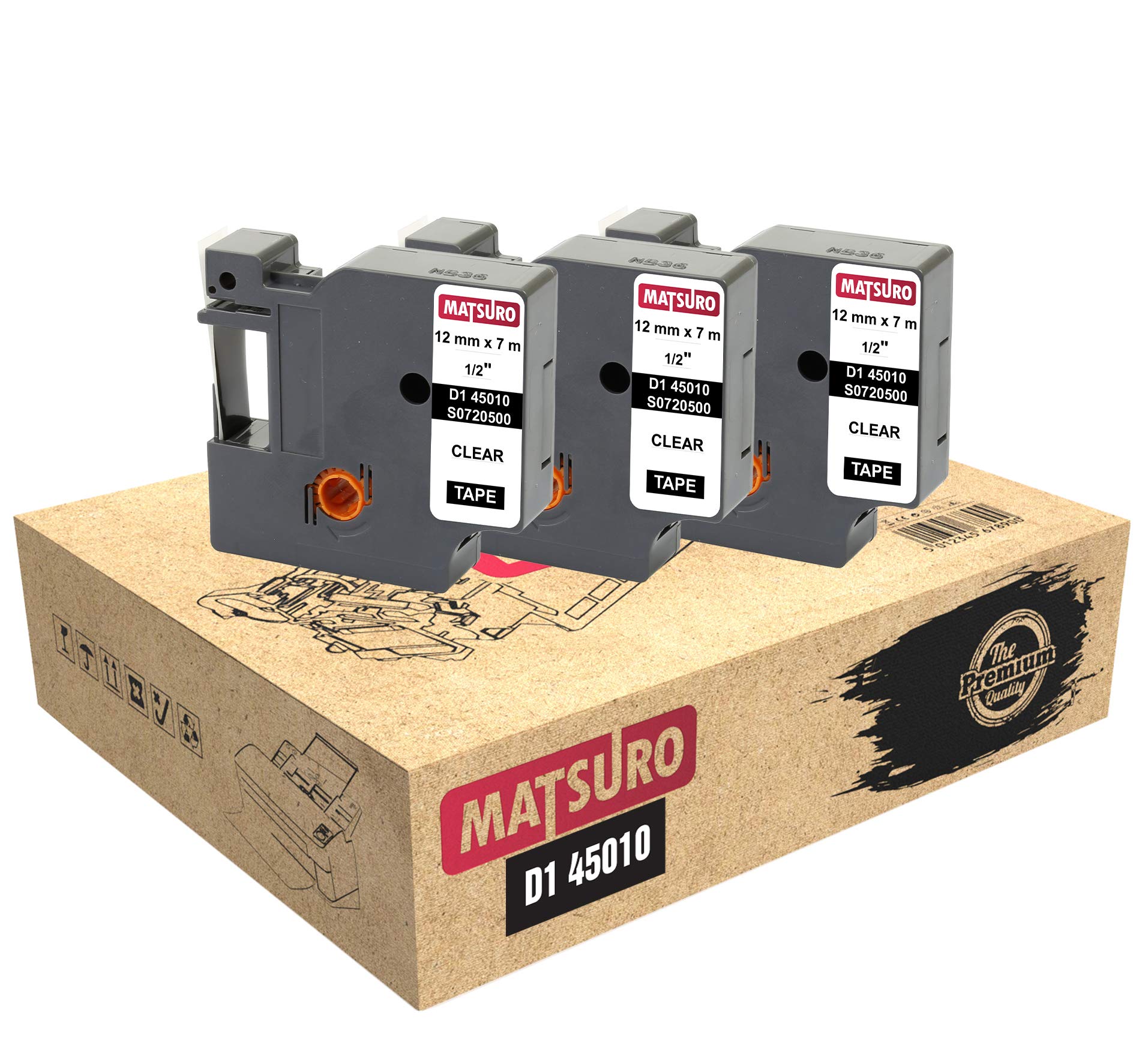 Matsuro Original | Compatible Label Tapes Replacement for DYMO D1 45010 S0720500 Black on Clear (12mm x 7m | 3 Pack)