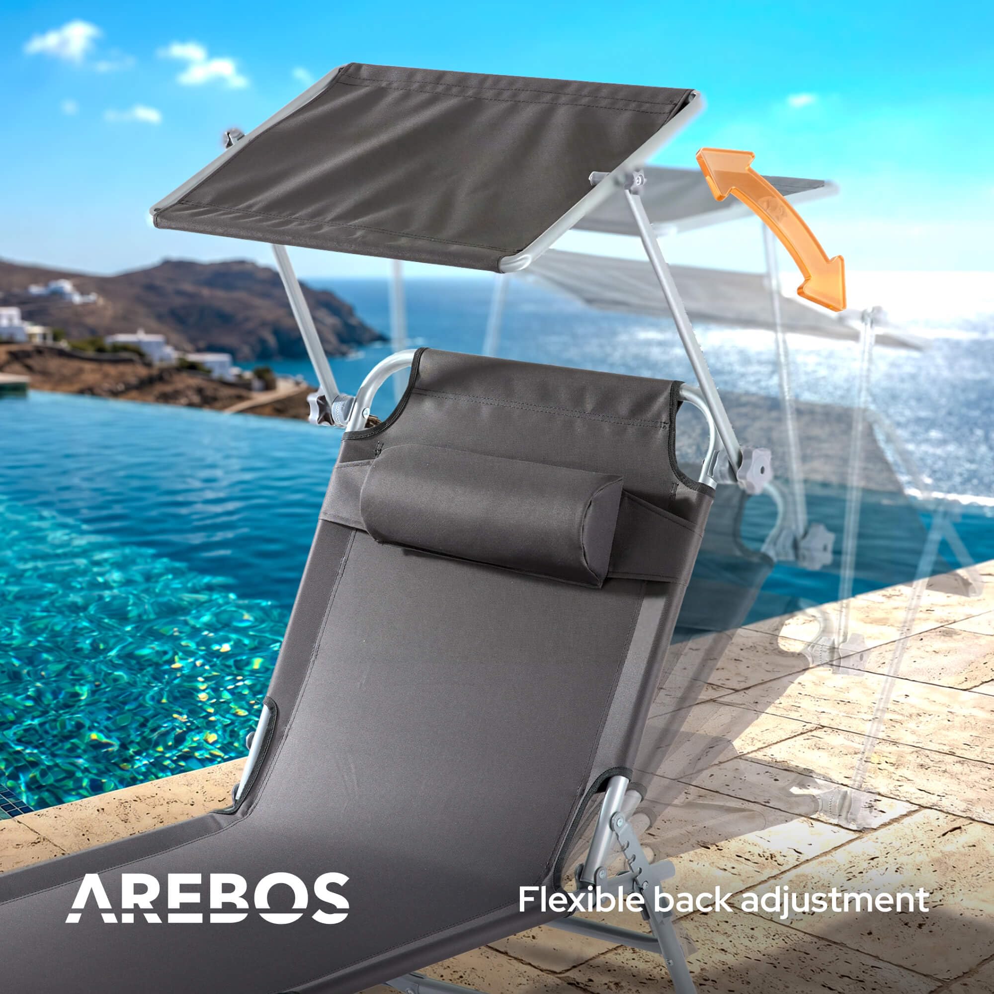 Arebos Sonnenliege & Liegestuhl klappbar mit Sonnendach | Gartenliege, Campingliege & Strandliege | Kopfkissen & Seitentasche | 4-Fach verstellbar | Relaxliege faltbar | bis 120 kg | Anthrazit 3