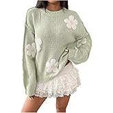 SHENHE Women's Flower Sweater Crewneck Long Sleeve Drop Shoulder Knit Sweaters Pullover Tops