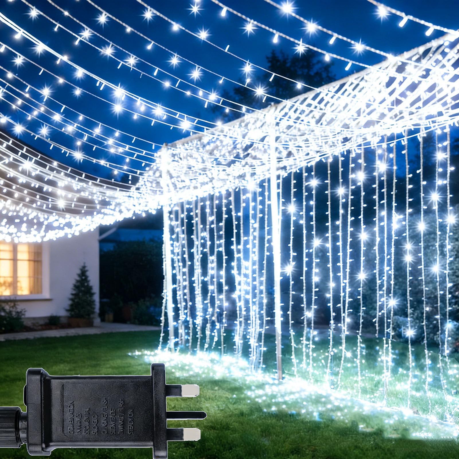 yowin 6m x 3m Curtain Lights 600 LED Mains Powered Waterfall Fairy Lights with Timer, 8 Modes Large Window Fairy Light Waterproof for Indoor Outdoor Gazebo Wedding Backdrop Garden Decor - White
