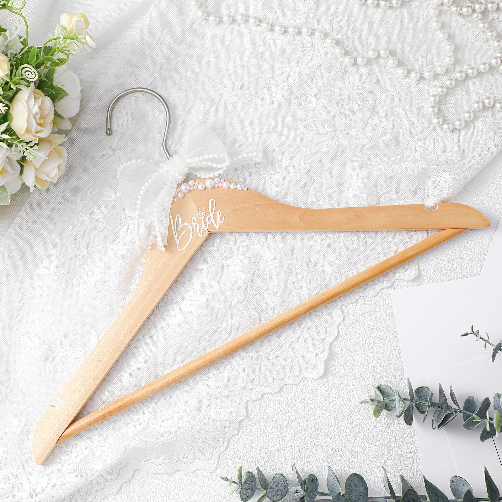 Photo 1 of Yuntau Bride Wedding Dress Pearl Mrs. Hanger with Pearl Ribbon Bow Elegant Wooden Dress Hanger to Be Ideal Keepsake for Wedding Day Gift(Brown,Bride)