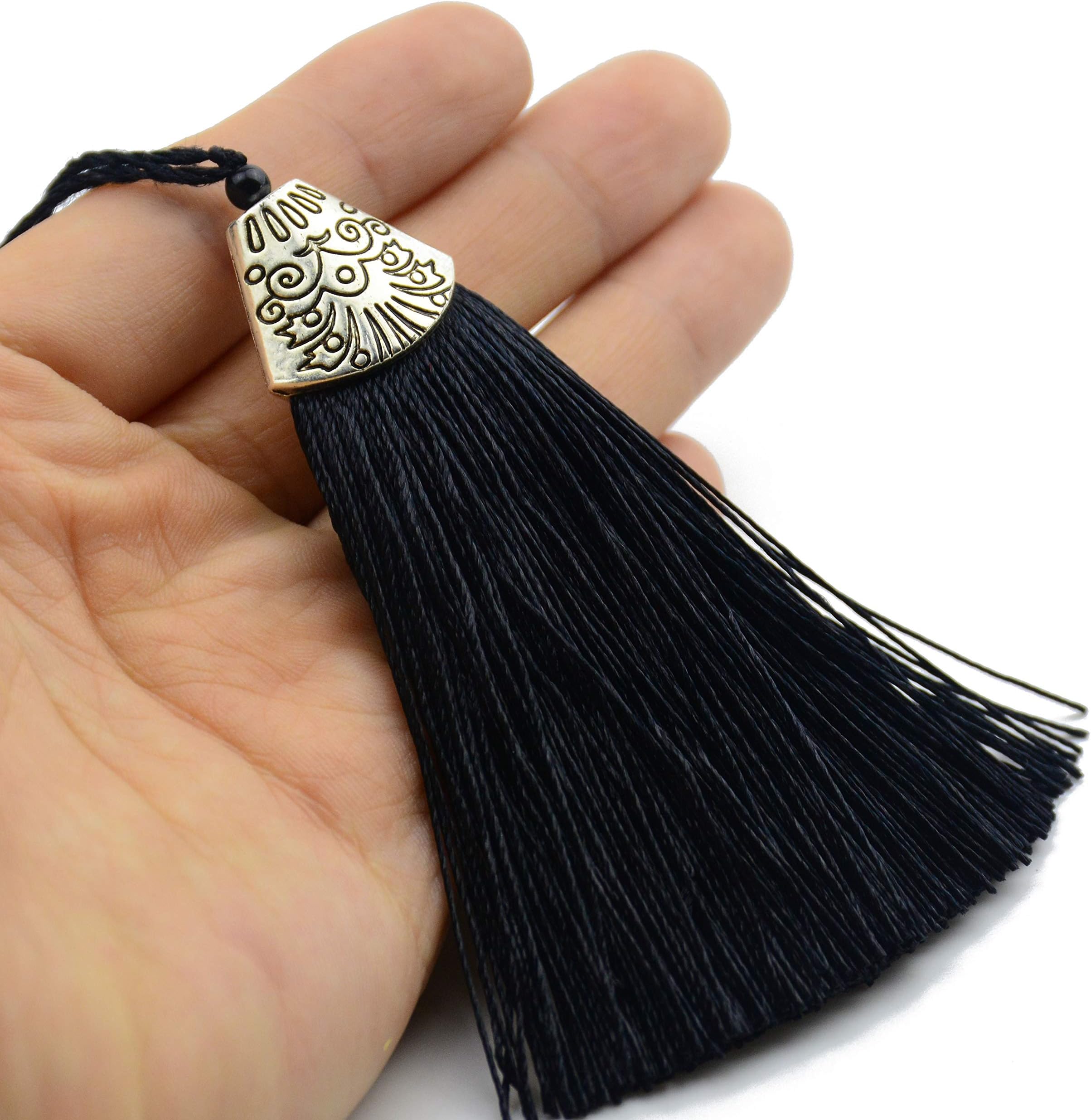 22 pcs 100% Handmade Silky Straight (2.5'') Soft Fiber Tassels with 0.7'' Antique Silver Cap Jewelry Making Charm Pendant (Black)