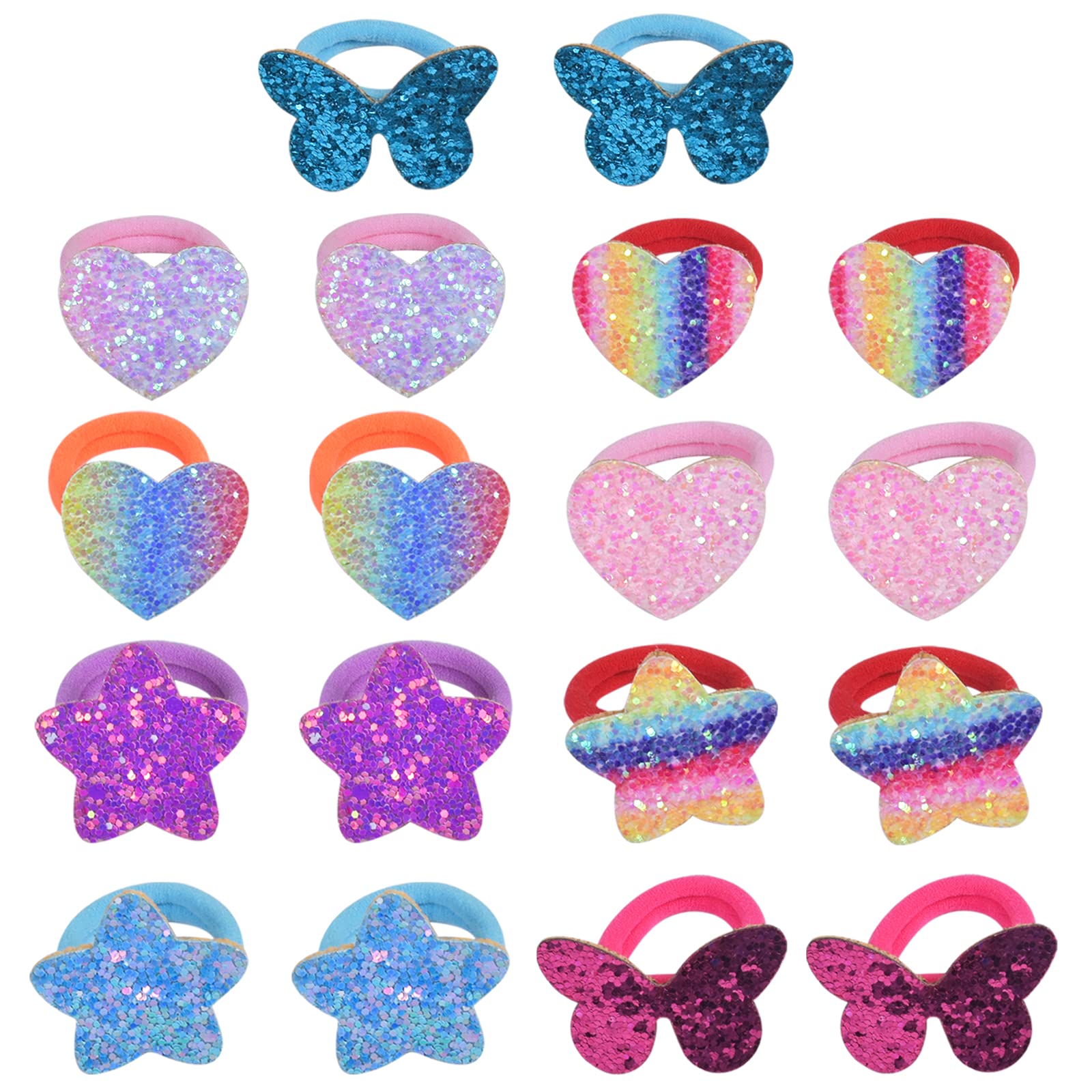 AvoDovA Ponytail Holders Kids Girls, 8 Pairs (16pcs) Seamless Hair Bands Baby, Soft Small Elastic Hair Ties Rubber Bands, Glitter Kids Hair Bobbles with Heart, Butterfly, Star for Girls Toddlers