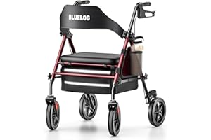 Bluelog Walkers for Seniors Rollator Walkers with Seat, 350lb Capacity with Cup Holder & Cane Holder, 8'' All Terrain Wheels, Adjustable Handles and Seat Height, Foldable Design, Burgundy