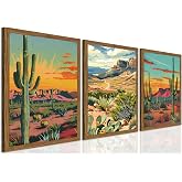 Framed Desert Landscape Wall Art Set of 3, Vintage Mexican Cactus Wall Decor Paintings, Boho Southwestern Mountain Plant Pictures Canvas Prints for Living Room Bedroom Bathroom Office 12x16 inch