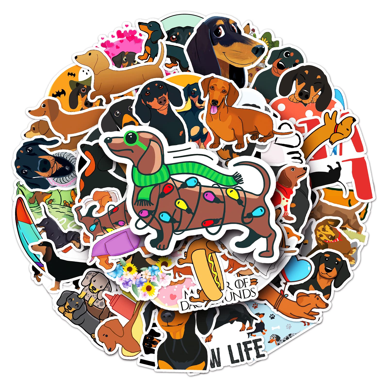 Dachshund Stickers (50 PCS) - Gift for Kids & Adults, Waterproof & Vinyl, Dinosaurs & Skateboard, Bike & Phone, Dairy