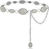 Xiokyo Rhinestone Concho Belt for Women, Silver Oval Western Cowgirl Chain Belt, Adjustable 18" Extender, Dress & Jeans
