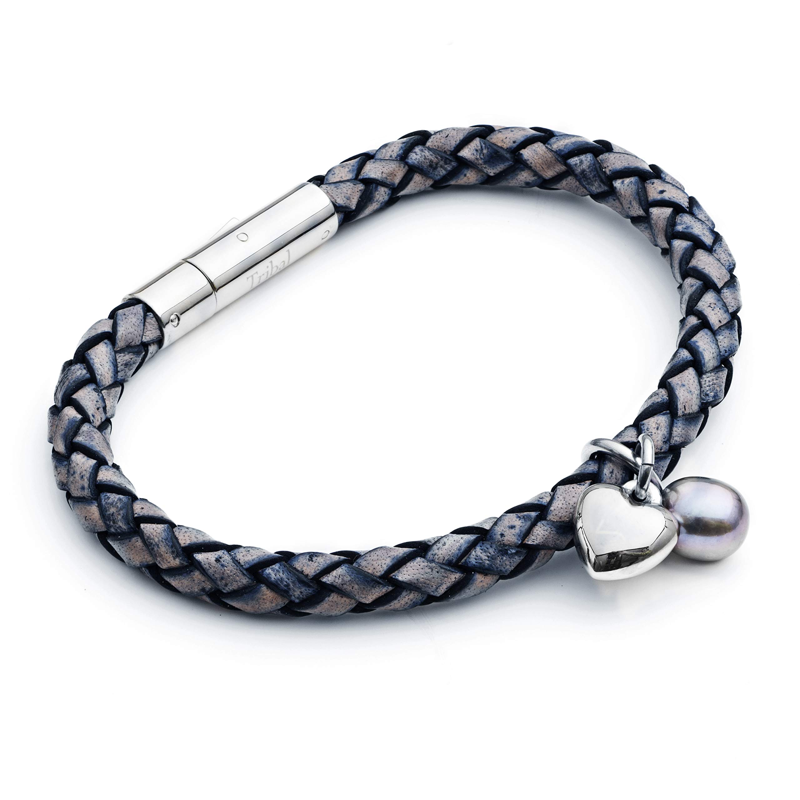Tribal Steel Women's Denim Leather Charm Bracelet with Freshwater Pearl - Ladies 19.5cm Leather Bracelet with Pearl & Stainless Steel Heart Charm, Extra Secure Riveted Lever Clasp — image 1