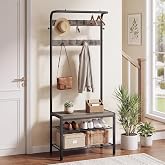 DUMOS 5-in-1 Hall Tree with Coat Rack and Shoe Bench, Industrial Entryway Storage Organizer with Top Hanging Rod, 10 Movable Hooks &amp; Side Hooks, Mudroom Bench with 2-Tier Shoe Rack, Grey