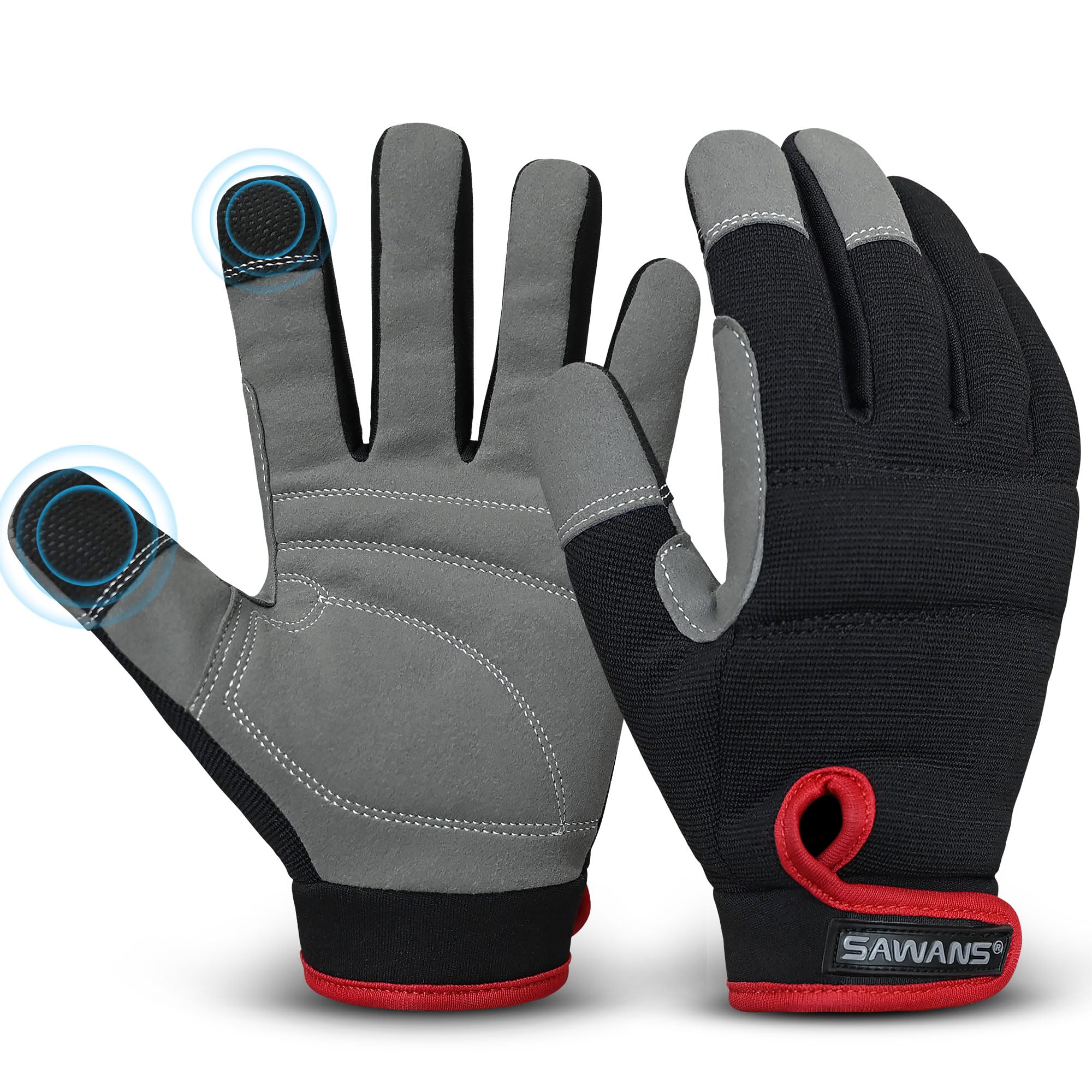 SAWANS Mens Work Gloves Women Safety Mechanic Working Gloves Utility Multipurpose Gardening Construction Touch Screen Flexible Breathable Padded Knuckles & Palm Heavy Duty (Small, Black/Grey)