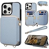 Keallce Case for iPhone 16 Pro 6.3'' Case Wallet, Crossbody Zipper Purse with RFID Blocking Card Slots Kickstand, Detachable Lanyard & Handstrap Flip Leather iPhone Cover for iPhone 16 Pro, Blue