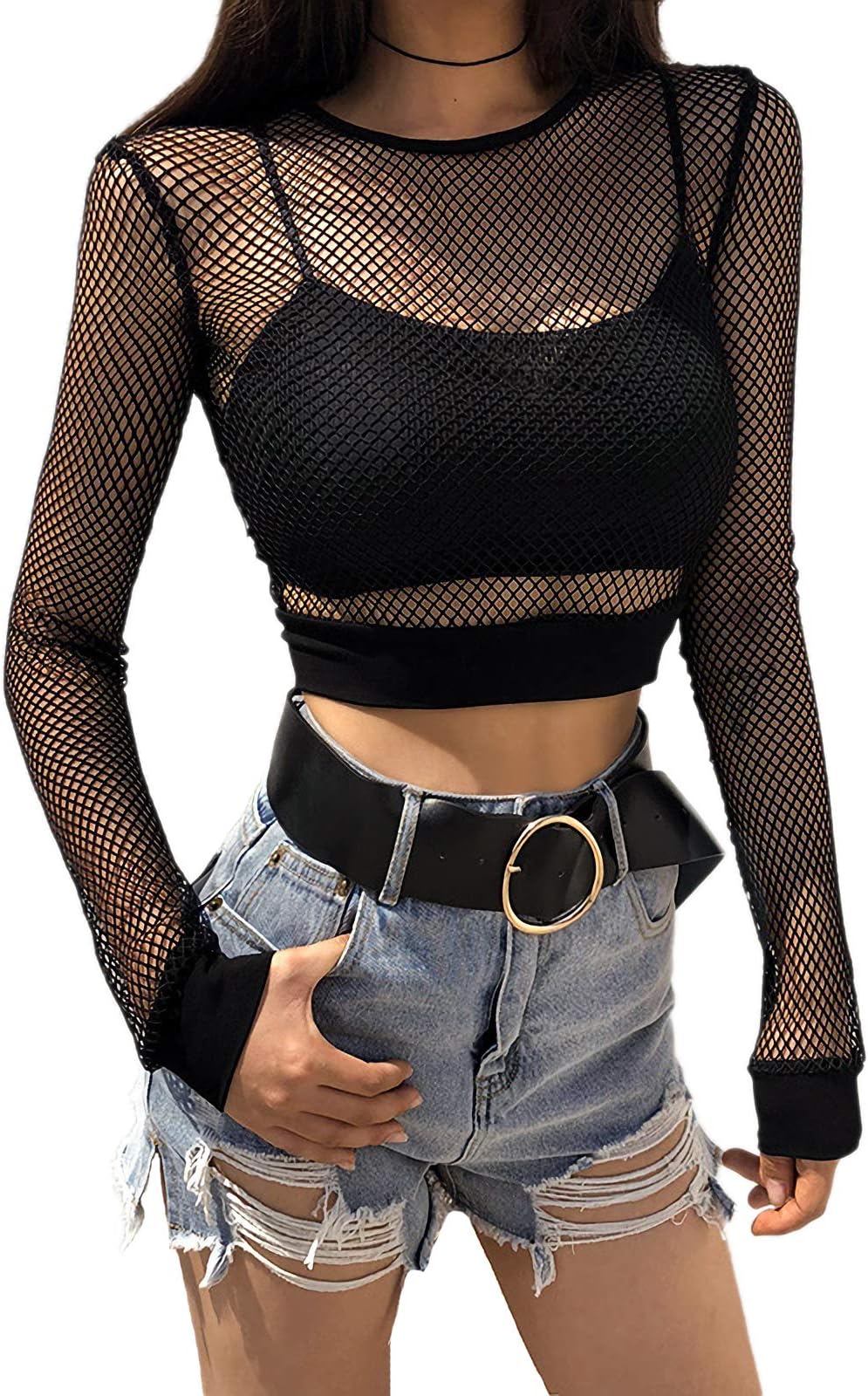 Womens Sexy Mesh Fishnet Hollow Out Long Sleeve Crop Top Hooded Shirts