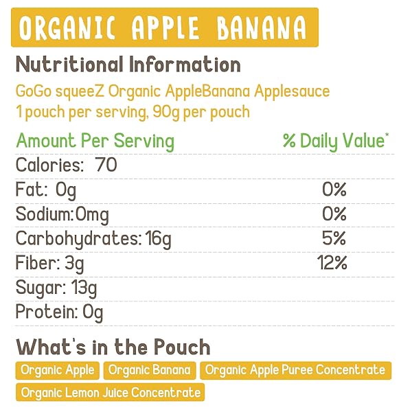 GOGO SQUEEZ ORGANIC APPLESAUCE, APPLE BANANA, 3.2 OUNCE (4 POUCHES), GLUTEN FREE, VEGAN FRIENDLY, UNSWEETENED APPLESAUCE, RECLOSEABLE, BPA FREE POUCHES
