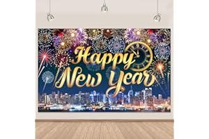 Retyshia Gold Happy New Year Banner 2026 Colorful Fireworks Happy New Year Decorations Backdrop with Clock City Scene for 2026 Backdrop Family Gathering Party Supplies 5.9×3.6 Ft (Polyester)