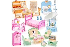 HAPGFS 45 Pcs Dollhouse Furniture Set Accessories Pretend Play Bedroom Living Room Bathroom Kitchen Doll House Mini Furniture for Kids Birthday and Christmas 4 Colors