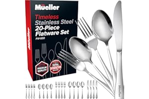 MÜELLERHOME Mueller Flatware Set, 20-Piece Stainless Steel Silverware Set - Cutlery Set Service for 4 - Spoon, Knife, Fork, Salad Fork, Teaspoon - Dishwasher Safe