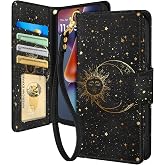Toycamp for for Moto G 5G 2025,Moto G 5G 2026/G Play 2026 Wallet Case - with Wrist Strap Leather Flip Folio Phone Cover with RFID Blocking 4 Card Holder Case for Women, Black Sun Moon