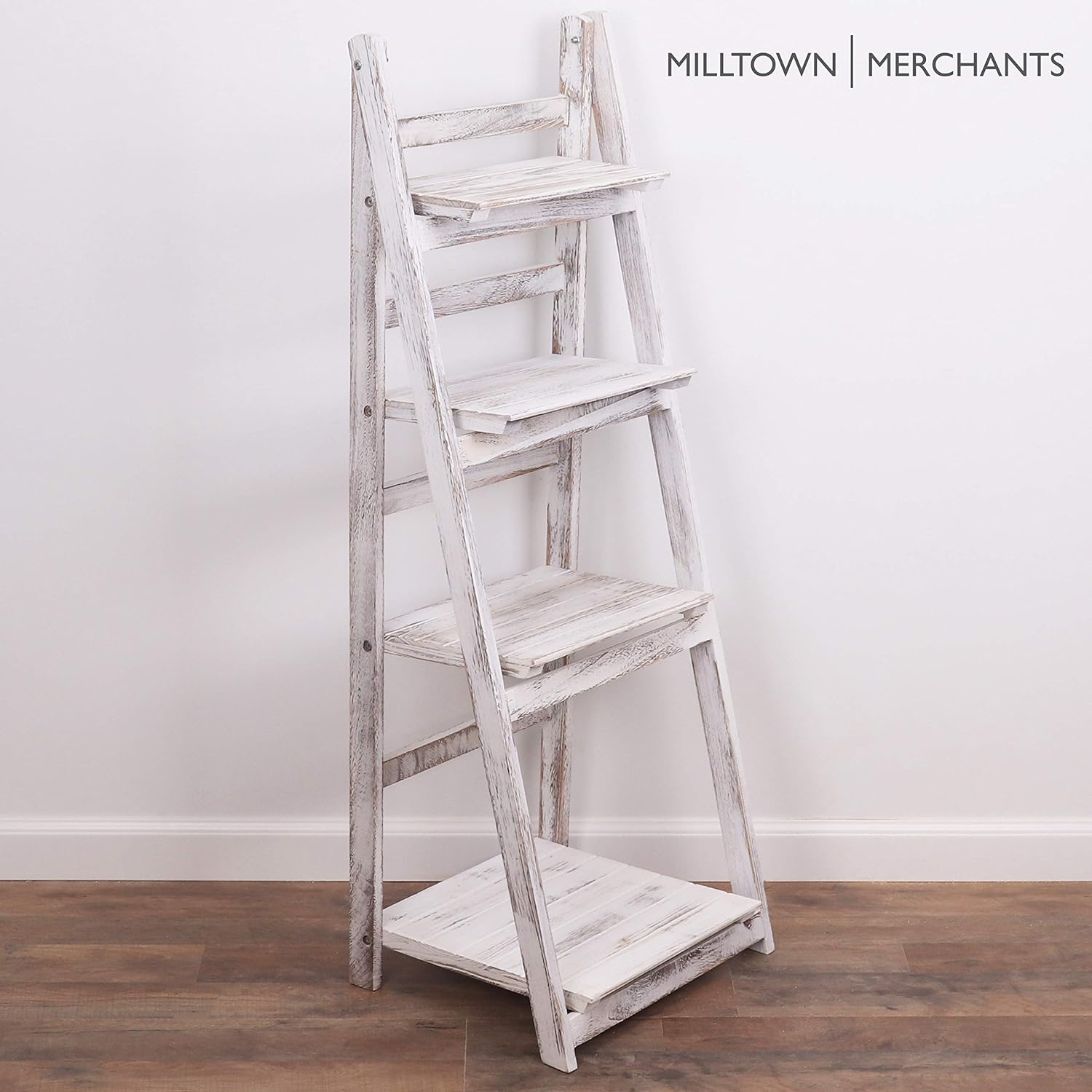 Milltown Merchants Ladder Shelf Wooden Ladder Bookshelf Leaning Bookshelf Rustic Bookcase Folding Bookcase Distressed White Ladder Shelf Amazon In Home Kitchen