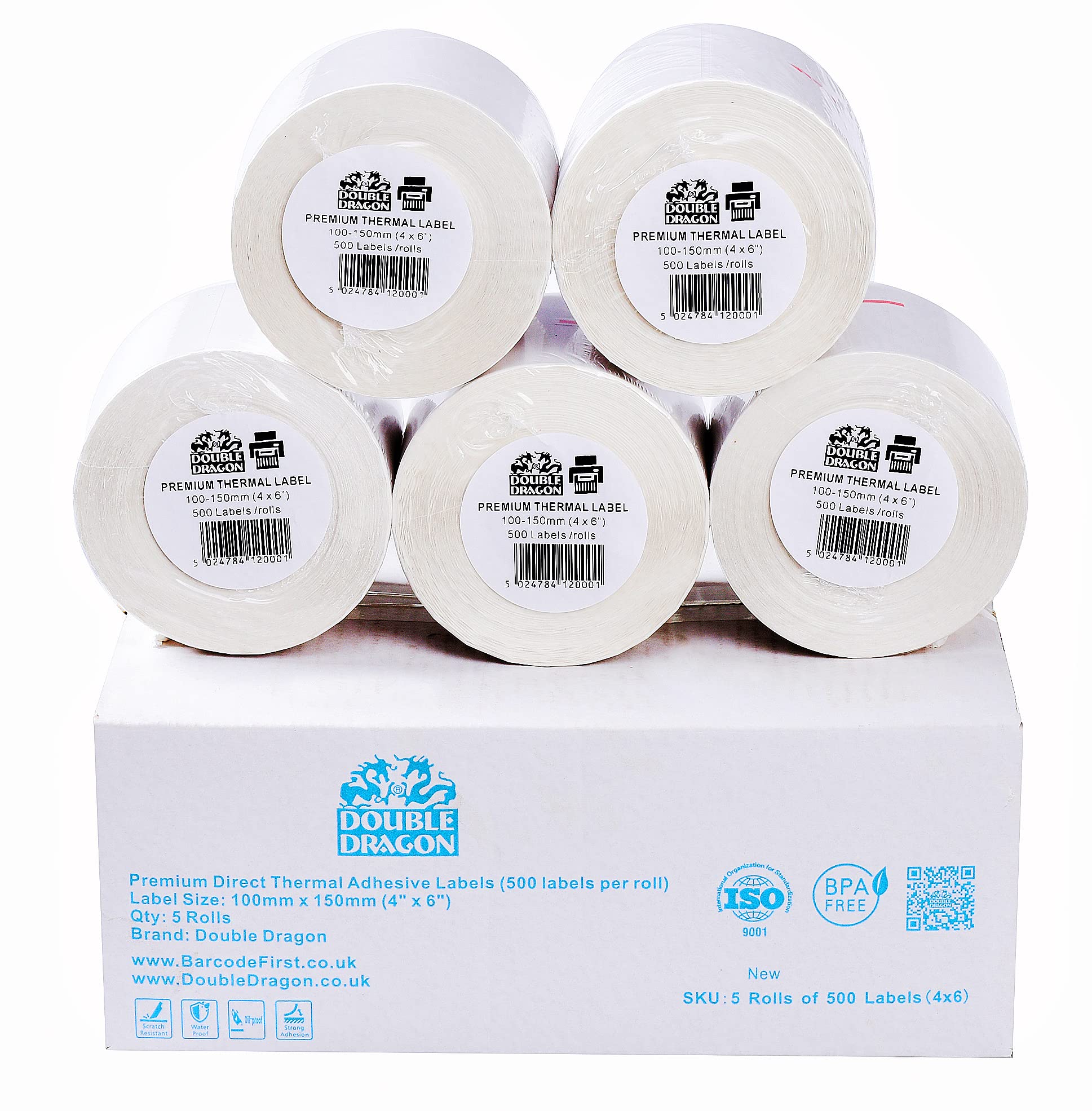 5 x Rolls of Thermal Labels 100MM x 150MM (6" x 4") Plain White Labels -