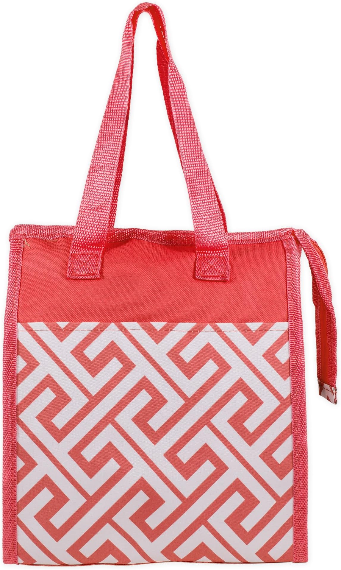 Patterned Polyester Insulated Reusable Zipper Lunch Bag (Coral Greek Key)