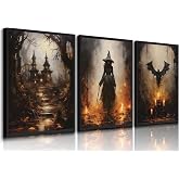 3Pcs Halloween Wall Art Horror Pumpkin and Witch Party Canvas Paintings Vintage Gothic Wall Decor Spooky Castle Prints Flying Bat Moon Night Posters Pictures for All Saints' Day Party Home Unframed