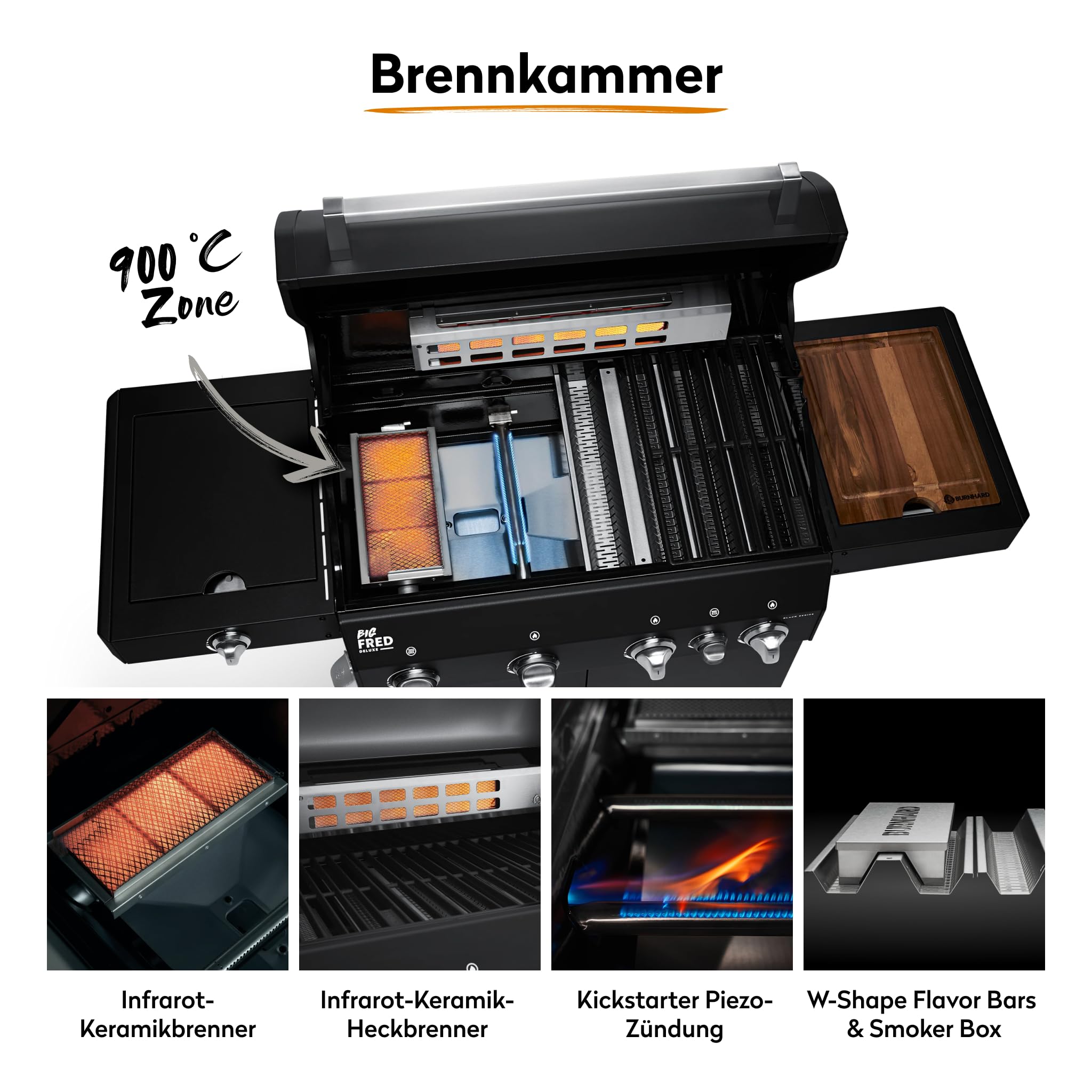 BURNHARD® Gasgrill 4-Brenner inkl. BACKBURNER, 900°C Infrarot-Keramikbrenner, Seitenkochfeld, Gusseisenrost, Abdeckhaube, Schwarz – Big FRED Deluxe 4