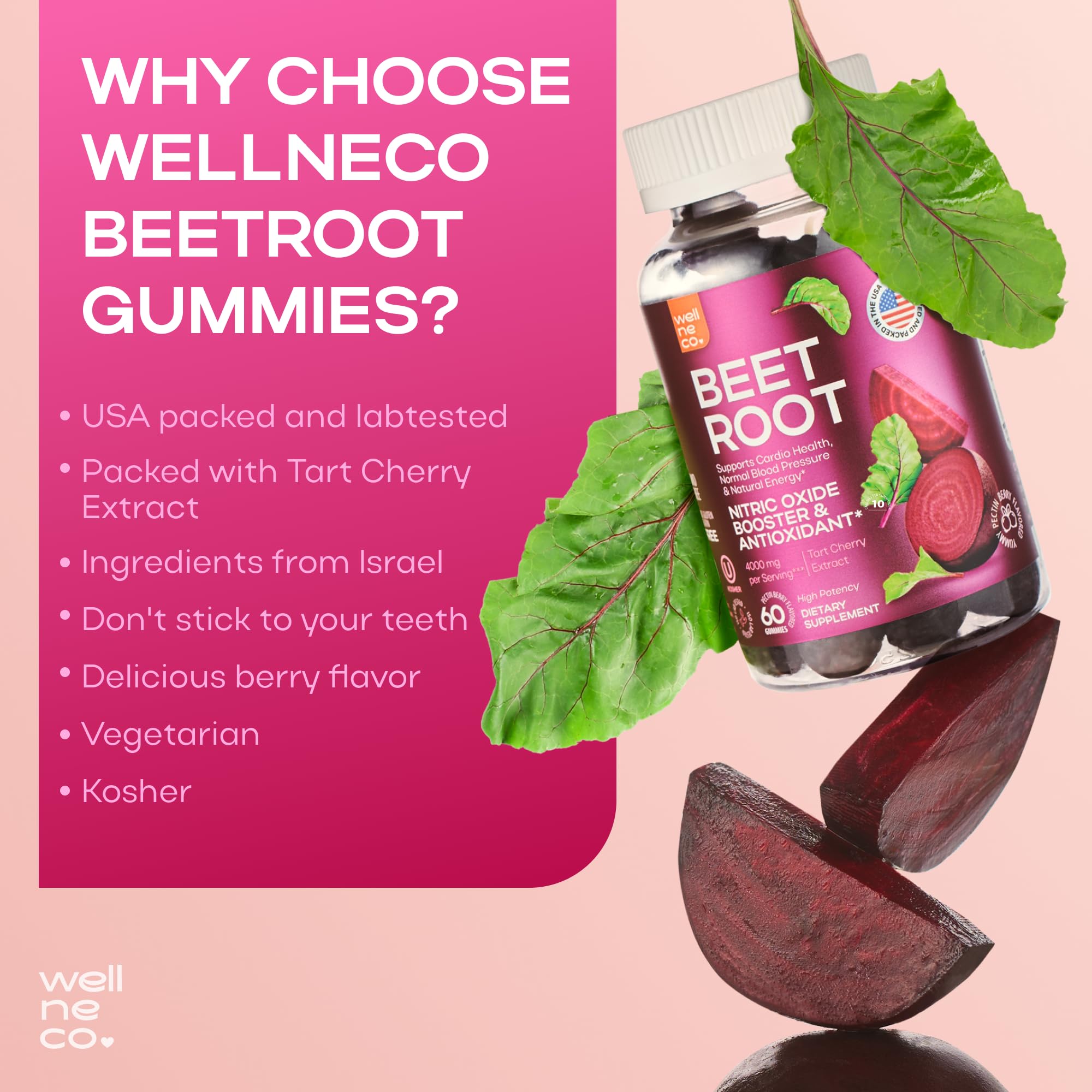 Beet Chews for High Blood Pressure - Beet Root Gummies Made in USA with Tart Cherry - Nitric Oxide Supplements for Energy and Cardio Health - Vegan, No GMO, Pectin Based - for Women and Men, 60 Pcs