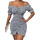 PRETTYGARDEN Women's Summer Off Shoulder Bodycon Dresses Short Sleeve Drawstring Sexy Mini Party Club Smocked Dress